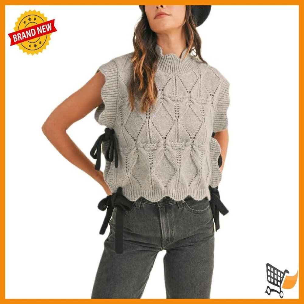 Chunky Cap Sleeve Knit Vest with Ribbon Bows Lace Up Design